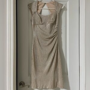 Xscape Metallic Champagne-Beige Midi Dress with Brooch Detail